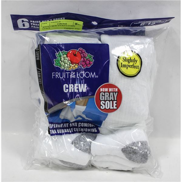 WHITE CREW SOCKS 6-12 SIZE 6-PACK