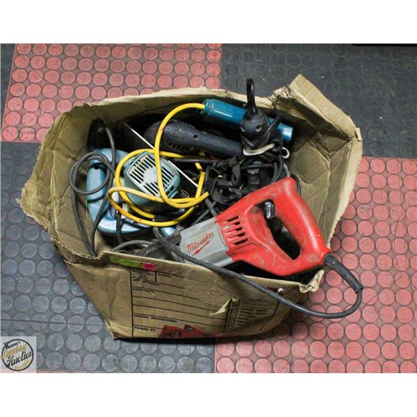 BOX OF CORDED POWER TOOLS (SAWZALL,