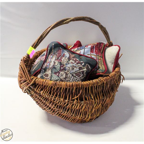 WICKER BASKET FULL OF CHRISTMAS PILLOWS
