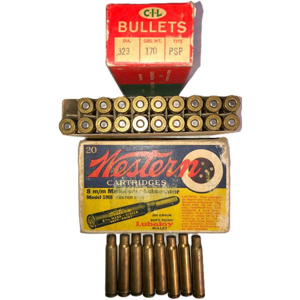 8MM Mannlicher Ammo Brass & 323 Bullet Lot