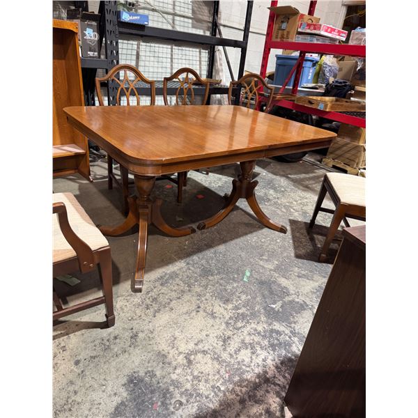 Table and six chairs with one leaf measures 54" x 38"measures 54" x 38" leaf is 12 inches leaf is 12