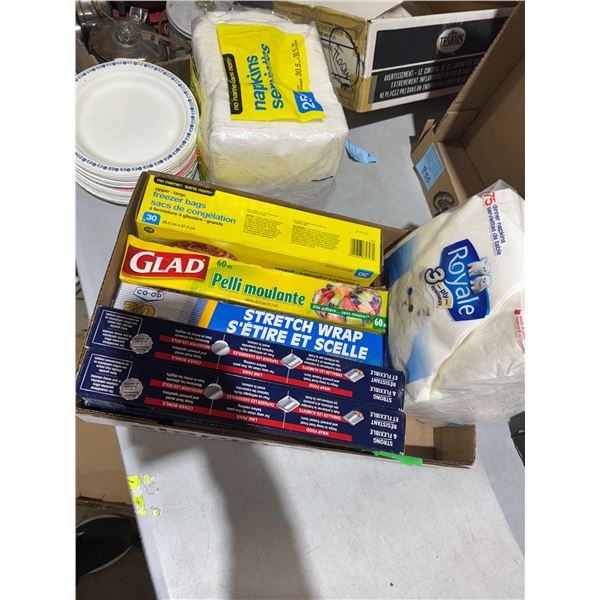Kitchen items, tinfoil, stretch, wrap, freezer bags, napkins, etc.