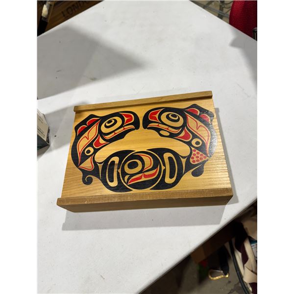 First Nations wood box featuring traditional Haida-style salmon artwork.