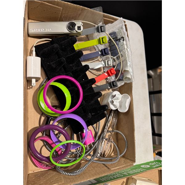 Assortment of charging cords and other items