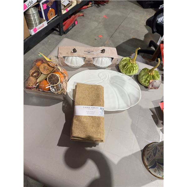 2 covered pumpkin pie dishes, Laura, Ashley, napkins, and other fall decor