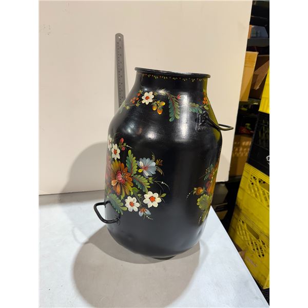 hand-painted toleware milk churn used as a decorative item