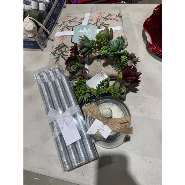 Frosted For and spruce scented candle other candles, and tablecloth