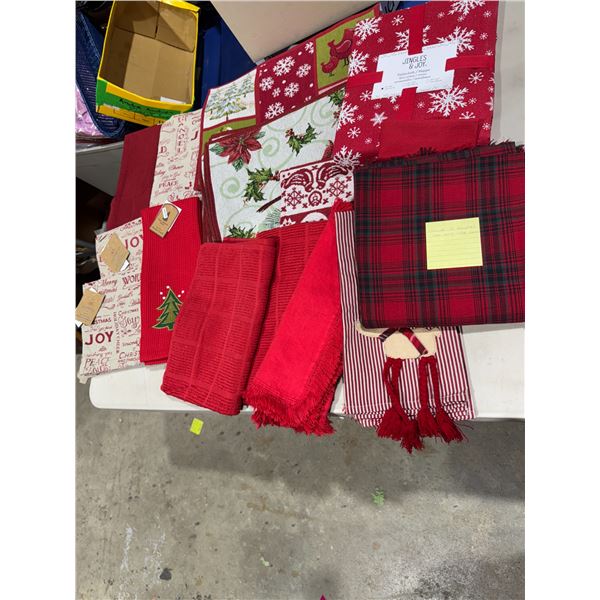 Assorted Christmas linens, tea, towels, napkins, placemats tablecloths