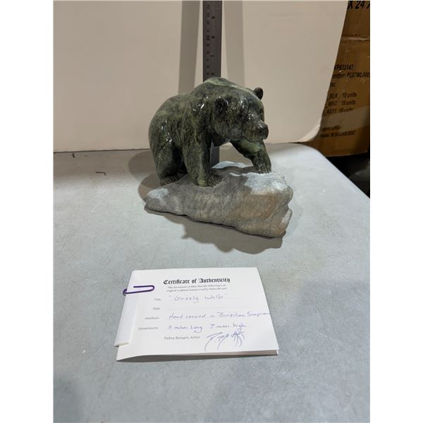 Grizzly walk and carved in Brazilian soapstone 11 inches long 7 inches high with certificate of auth