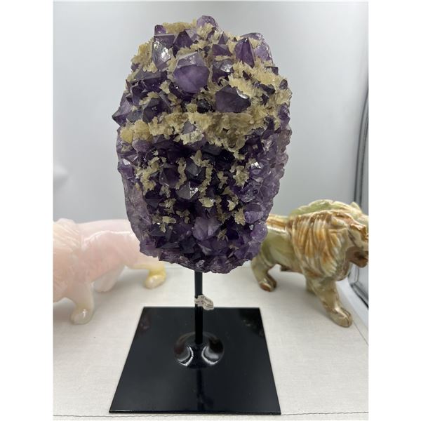 12 X 5.3 INCH  AMETHYST WITH ORANGE CALCITE  CRYSTAL ON STAND UNIQUE FORMATION  HIGH GRADE