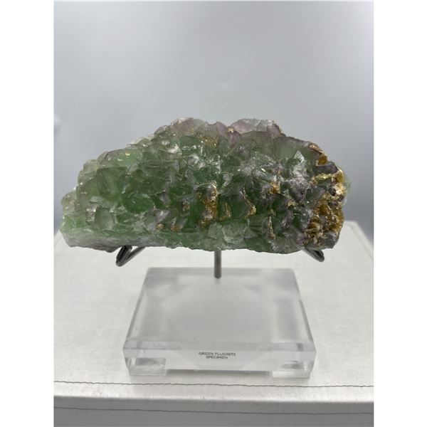 8 X 7 INCH RARE FORMATION  PURPLE AND GREEN FLUORITE WITH BARITE ON STAND