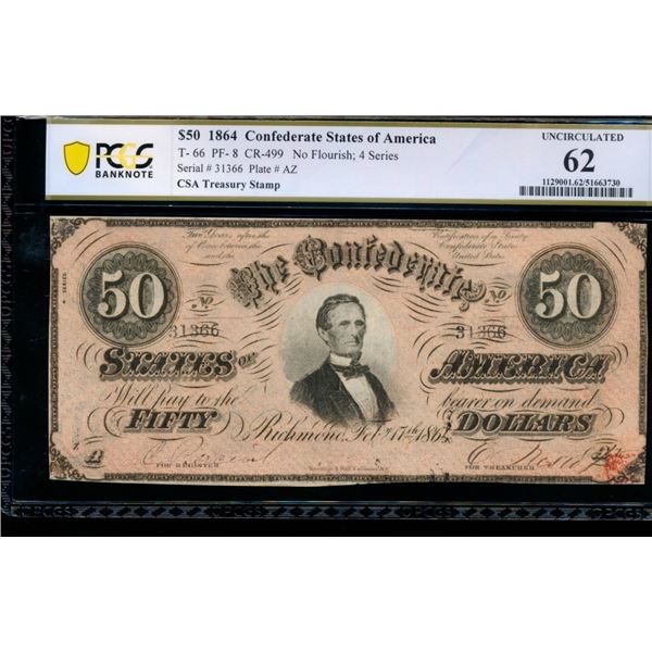 1864 $50 T-66 Confederate PCGS 62