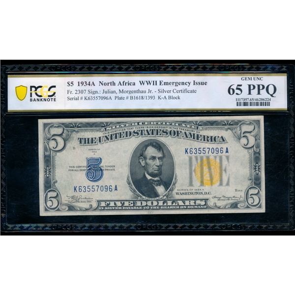 1934A $5 N Africa Silver Certificate PCGS 65PPQ