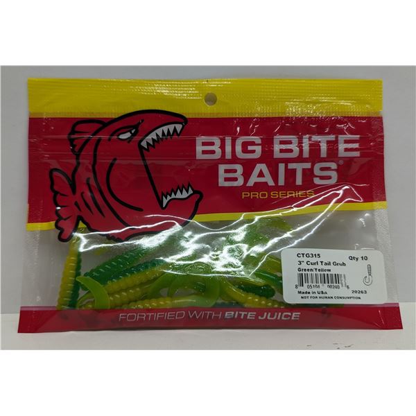 Big Bite Baits Pro Series Curl Tail Grub 10 Count 3" Green/Yellow