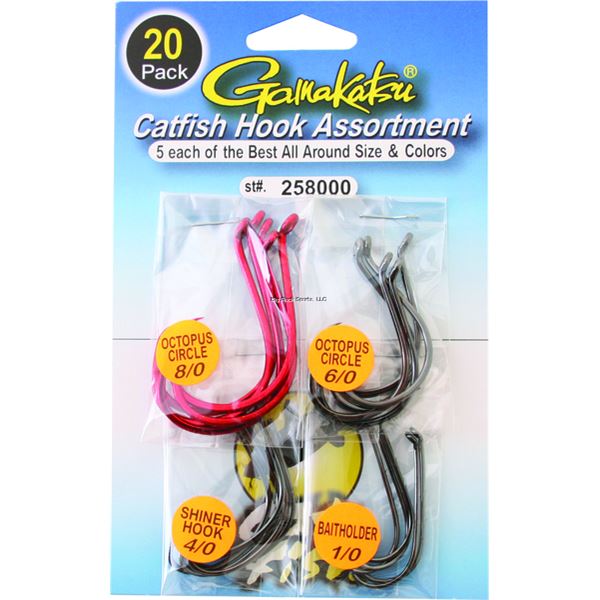 Gamakatsu 258000 Catfish Hook Assortment, Size 8/0-6/0-4/0-1/0 Octopus/Circle/Bait Holder, NS Black,