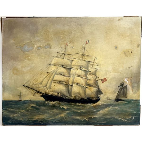 19th c. Clipper Ship Oil on Canvas Painting