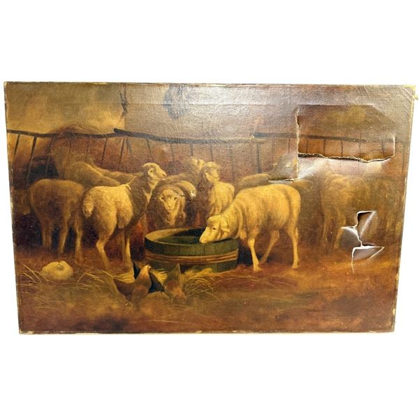 Antique Oil on Canvas Barnyard Scene