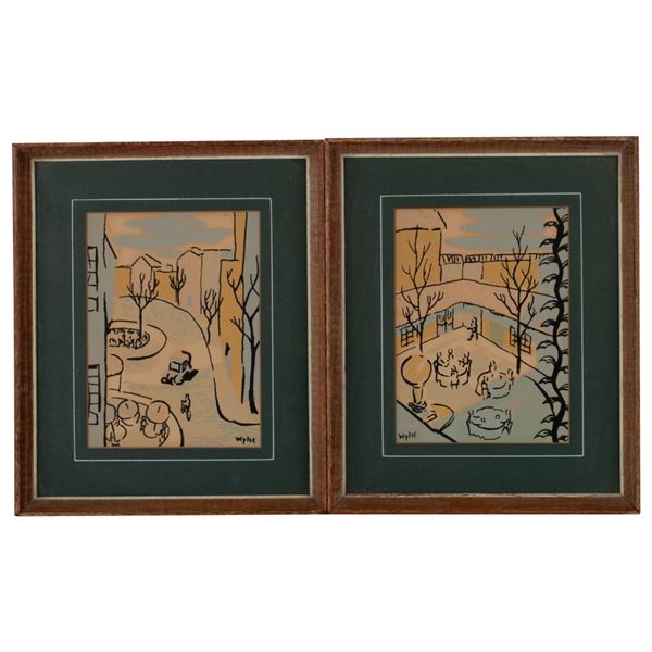 Wylie Signed Pair of Mid-Century Street Scenes