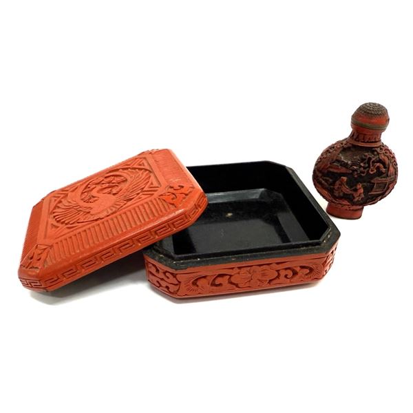 Chinese Red Cinnabar Snuff Bottle & Box