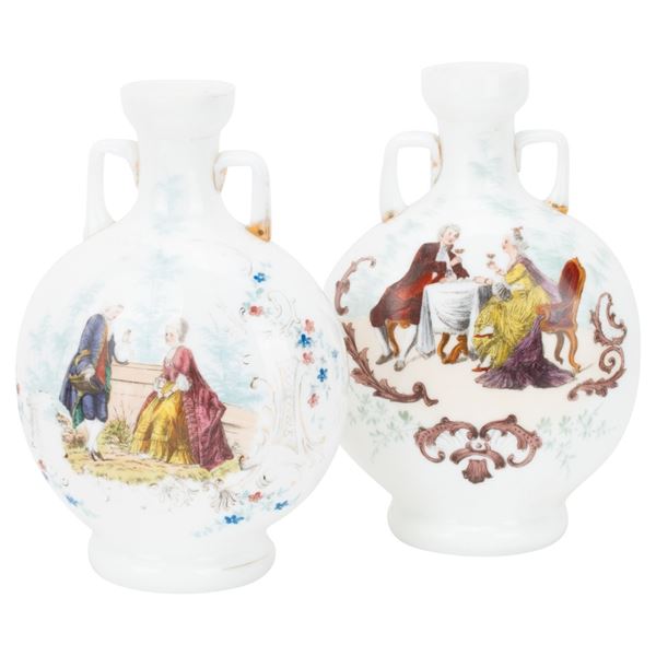 Victorian Fragonard Style Milk Glass Vase Pair