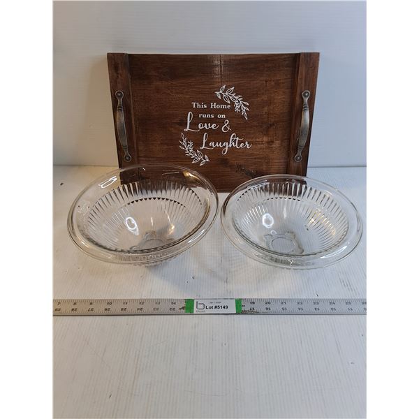 Wood Tray and (2) Clear Glass Bowls