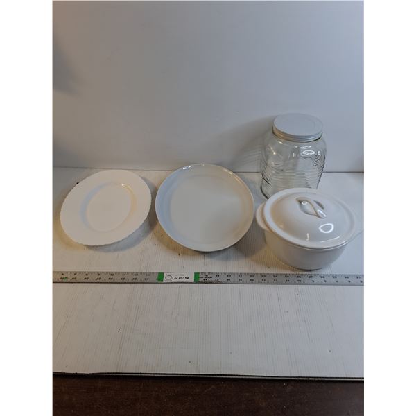 (2) Serving Platters,Corelle Stoneware Pot  and Vintage Coffee Jar