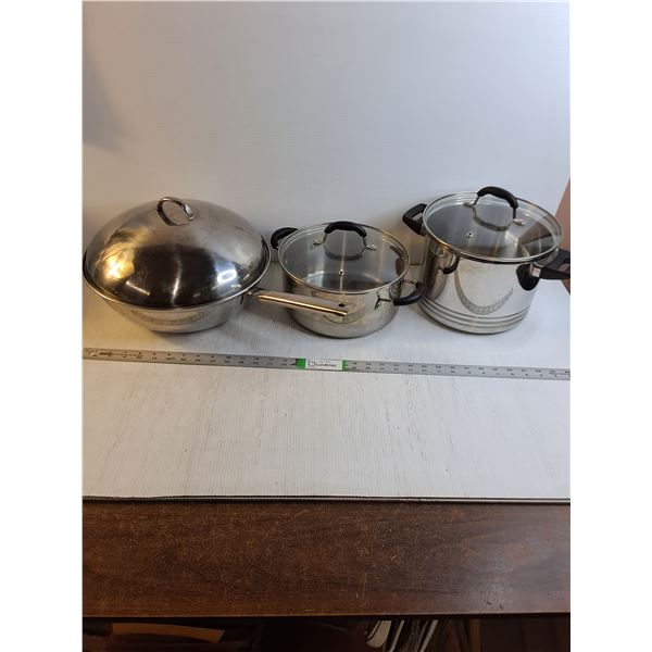 Stainless Steel Wok and (2) Pots with Lids (one lid mismatched) - PICK UP