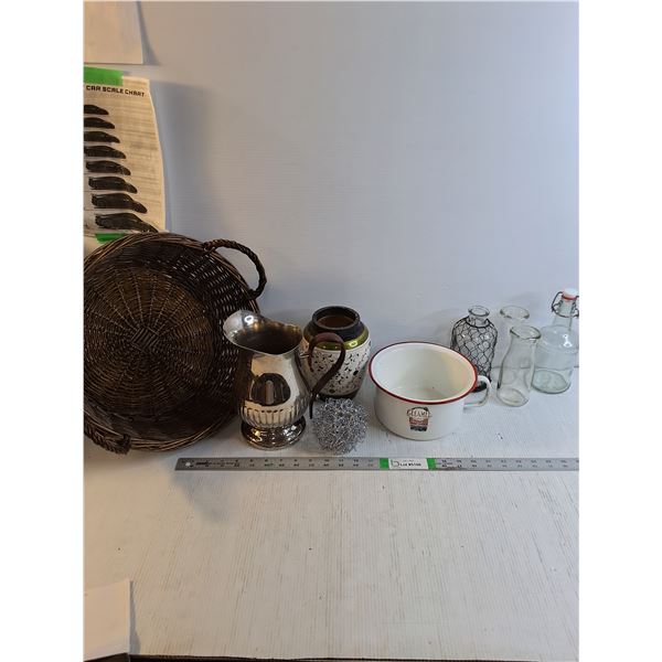 Enamelware Pot,Milk Bottles,Vase,Pitcher,Misc.