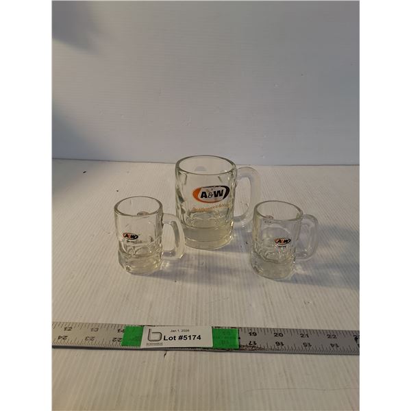 (3) A & W Glass Mugs Up To 4"