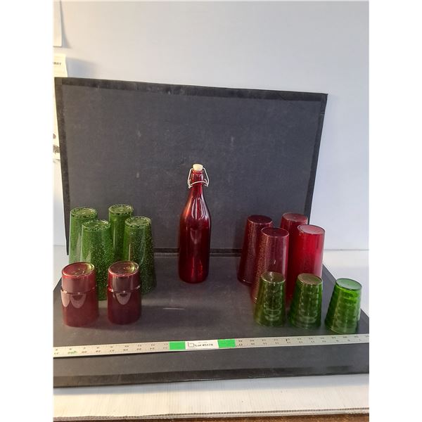 Red Bormioli Rocco Giara Glass Bottle, Various Red and Green Plastic Drinking Cups Up To 7"