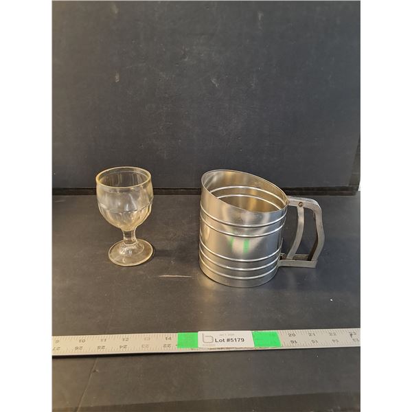 Stainless Steel Vintage Foley Flour Sifter, Glass Wine Glass 6"
