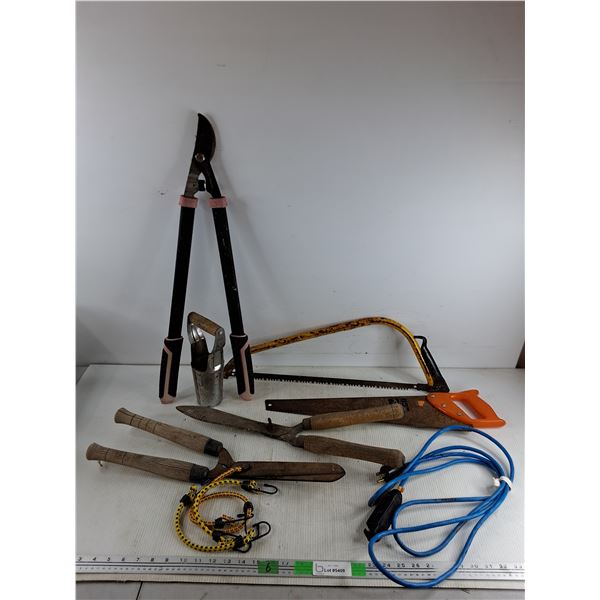 Branch Cutter, Bow & Hand Saw, Hedge Shears, Bungee Cords, Extension Cord - Approx 4', As Is