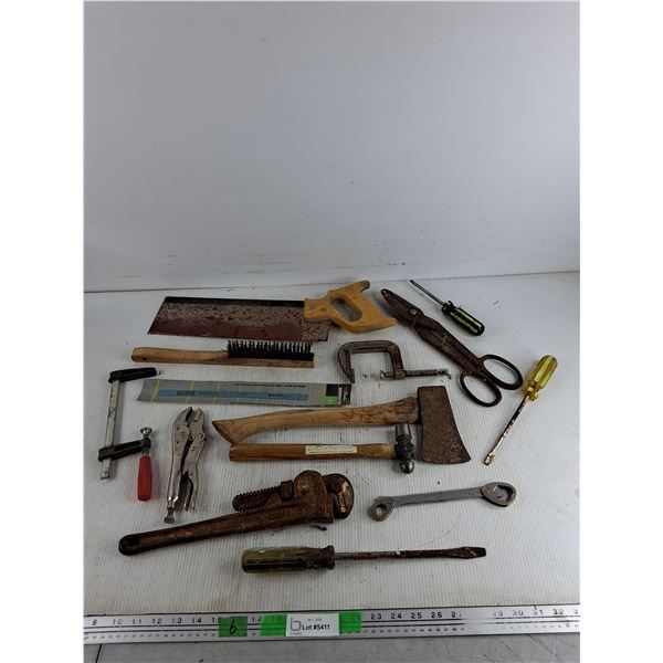Miter Saw, Wire Brush, Vise Grips, Hatchet, Pipe Wrench, Screwdrivers, C Clamps, Misc