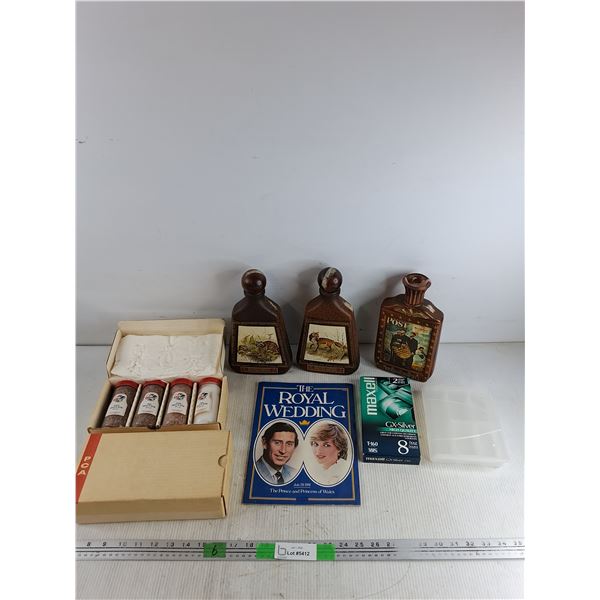 (3) Beam's Vintage Liquor Bottles - Empty, P.C.A Potash Samples, The Royal Wedding Magazine, VHS