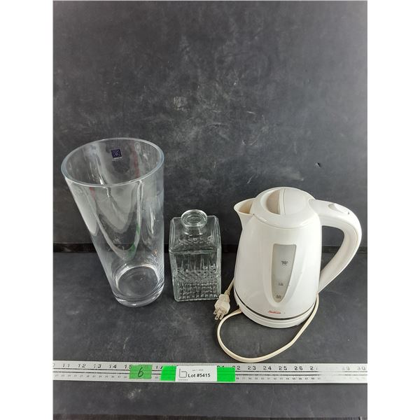 BX Glass Vase 12" x 5 7/8", Glass Bottle, Sunbeam 1.7L Electric Kettle - Powers On, As Is