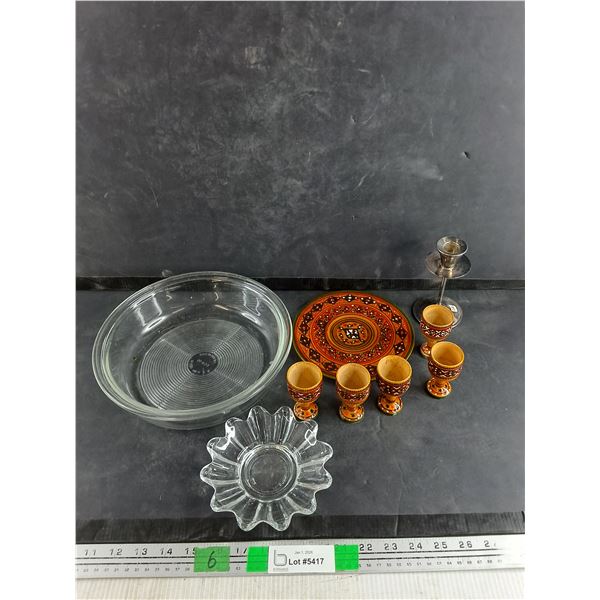 Ovenware Glass Bowl, Small Flower Dish, Goblet Style Wooden Cups, 7" Plate, Silver Candle Holder
