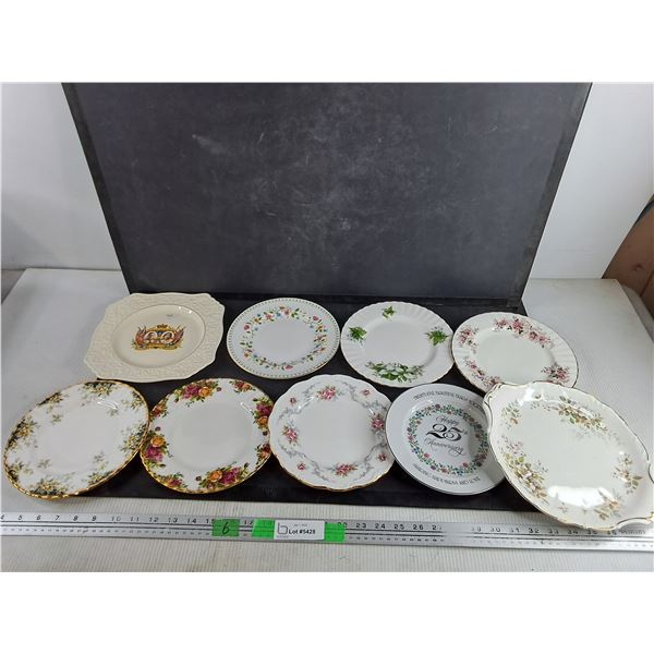 Vintage Bone China & Commemorative Plates - Floral Patterns, Gold Color Trim