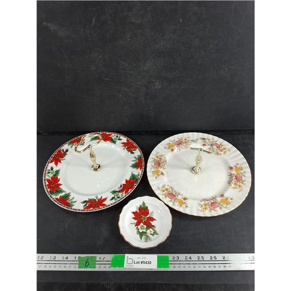 (2) Floral Ceramic Handled Serving Plates 10 1/2", Small Ceramic Matching Plate 5"