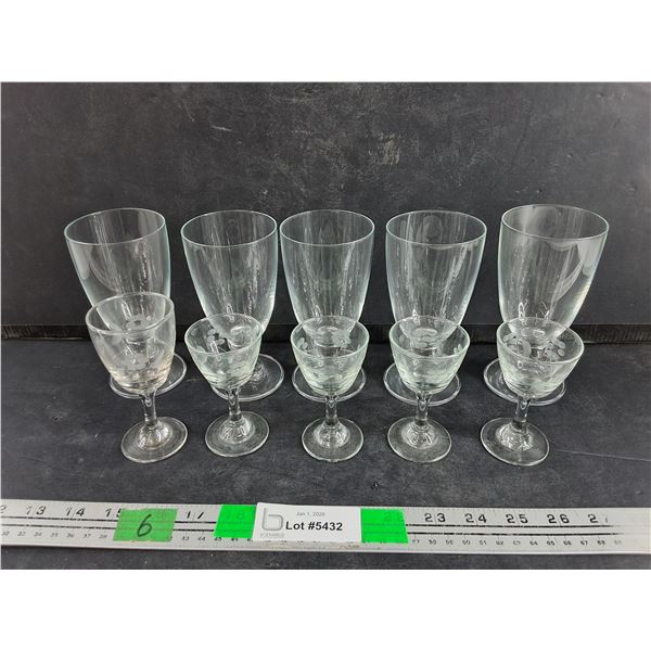 (5) 4" x 5" Small Floral Pattern Glass Goblets, (5) 5 5/8" Glass Goblets