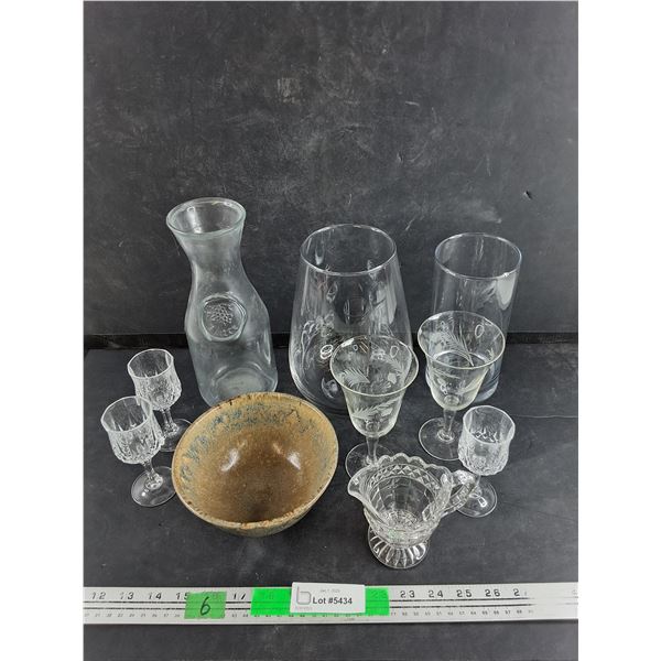 (3) Glass Vases, 6" Stoneware Bowl, Assorted Glass Goblets, Glass Creamer