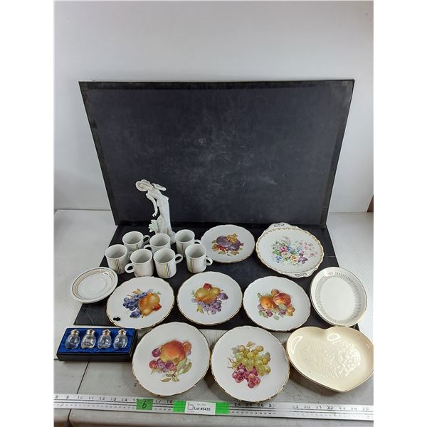 9" Ceramic Figure, Espresso Cups & Saucers, Salt & Pepper Shakers, Ceramic Plates w/Gold Color Trim