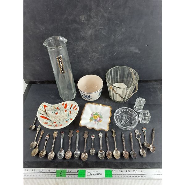 St-Germain Glass Vase, Ash Trays, Souvenir Spoons, 5" Ceramic Bowl, Misc