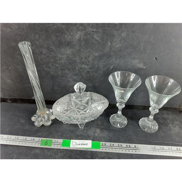 11" Twisted Glass Vase, Lidded Glass Candy Dish, (2) Glass Goblets