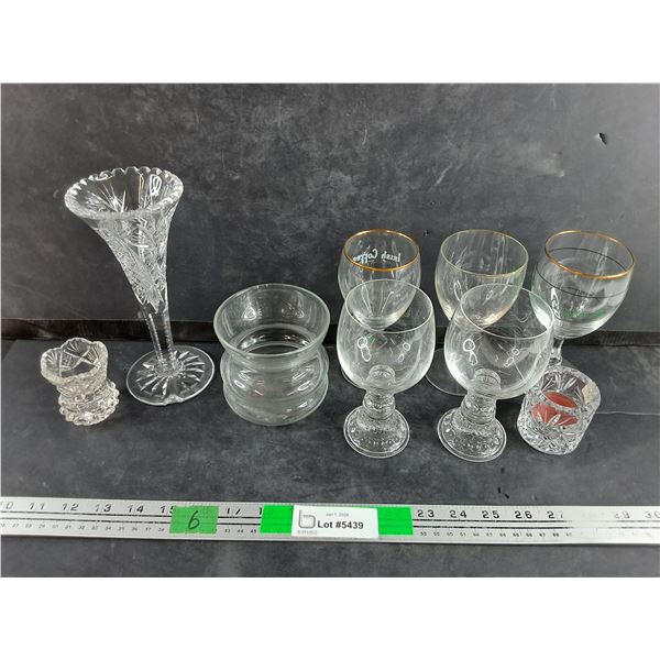 (2) Irish Coffee Goblets w/Gold Color Trim,  Glass Goblets, Tea Candle Holders, 8" Crystal Vase