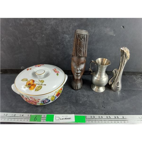 Royal Winchester Ceramic Lidded Serving Bowl 7", Carved Wood African Bust, Pewter Pitcher/Creamer