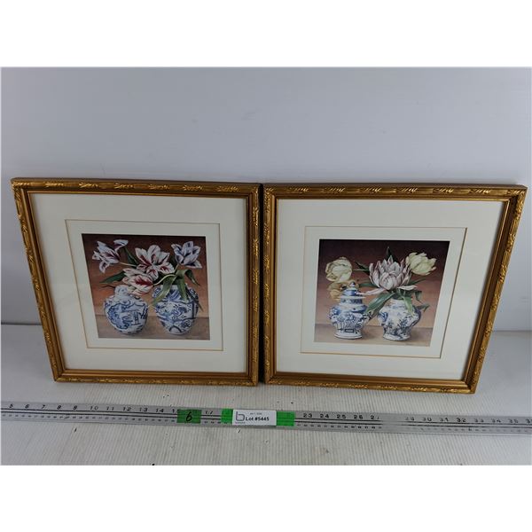 (2) Framed Floral Wall Art Prints by Salley, 13" x 13"
