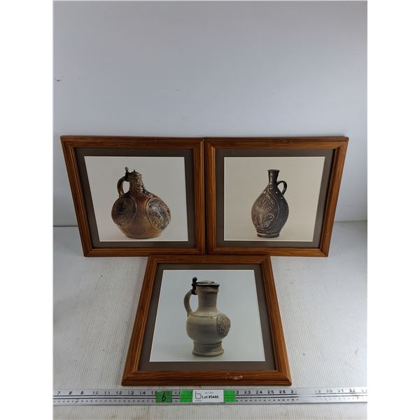 (3) Wooden Framed Antique Vase Wall Art Prints 14 3/4" x 14 1/2"
