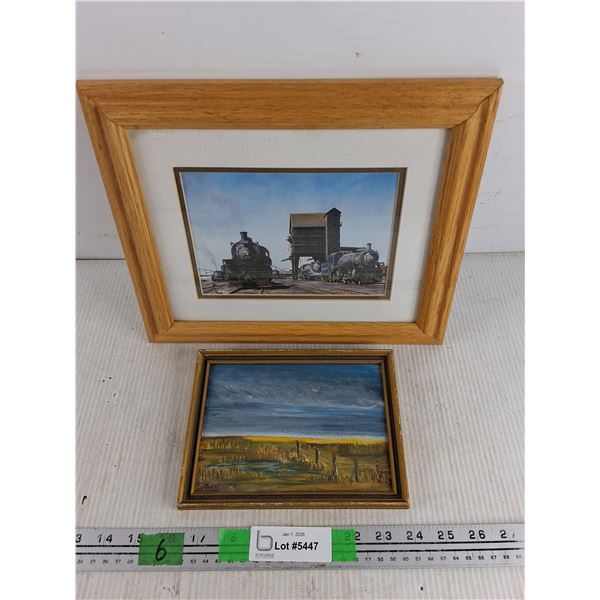 Wooden Framed Train Station Print & Prairie View Wall Art Painting - 12" x 10", 7 5/8" x 5 5/8"