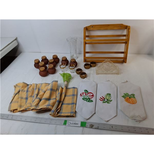 Wooden Spice Rack, Spice Jars, Napkins, Misc.