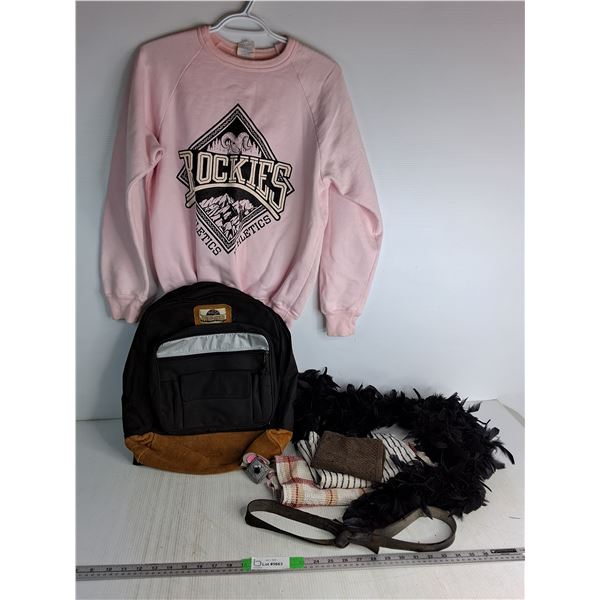 Wind River Back Pack 19"x14.5", Rockies Sweater- M, (3) Dish Towels, Misc